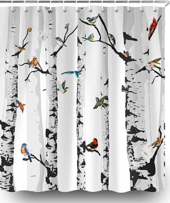 Black and White Tree and Bird Shower Curtain for Modern Bathroom Decor