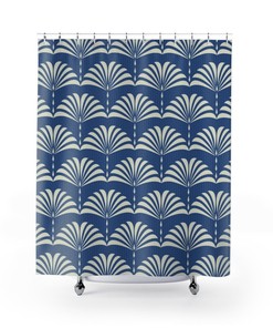 Blue Abstract Fan Pattern Shower Curtain - Art Deco Vintage Bathroom Accessory and Modern Decor