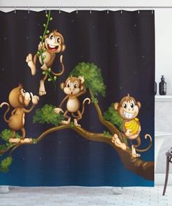 Blue Caramel Nature Shower Curtain with Animal Theme Illustration of 4 Monkeys on The Tree Branch Art for a Fun Bathroom Decor