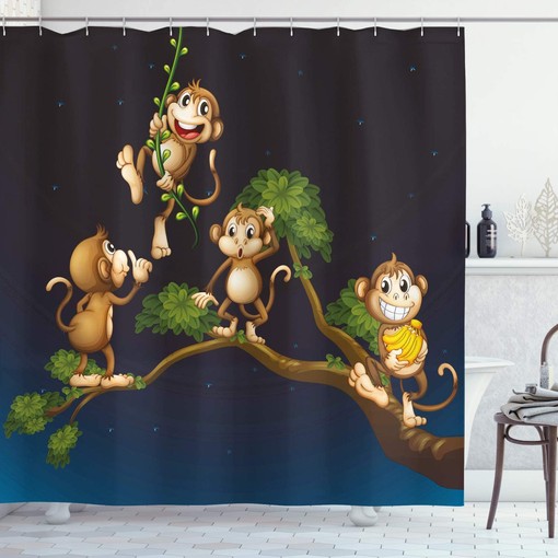 Blue Caramel Nature Shower Curtain with Animal Theme Illustration of 4 Monkeys on The Tree Branch Art for a Fun Bathroom Decor