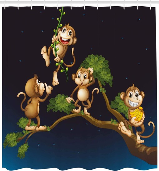 Blue Caramel Nature Shower Curtain with Animal Theme Illustration of 4 Monkeys on The Tree Branch Art for a Fun Bathroom Decor - Image 2