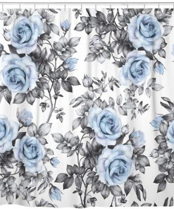 Blue Flowers and Leaves Watercolor Floral Home Bathroom Decor Fabric Waterproof Shower Curtain