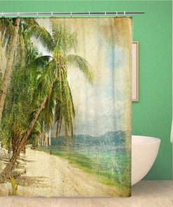 Blue Hawaii Tropical Beach Shower Curtain - Vintage Palm Tree Fabric Bathroom Decor