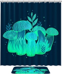Blue Mushroom Purple Butterfly Printing Waterproof Fabric Bathroom Shower Curtain