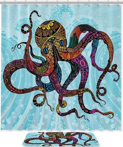 Blue Octopus Shower Curtain in Waterproof Fabric for Bathroom Decoration