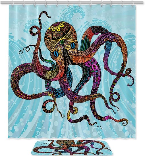 Blue Octopus Shower Curtain in Waterproof Fabric for Bathroom Decoration
