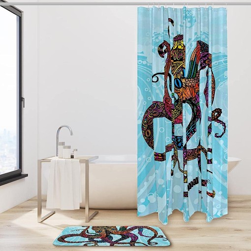 Blue Octopus Shower Curtain in Waterproof Fabric for Bathroom Decoration - Image 2