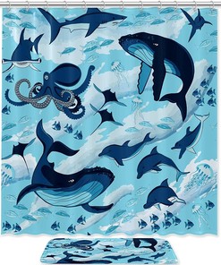 Blue Octopus and Shark Ocean Shower Curtain in Waterproof Fabric for Bathroom Decor