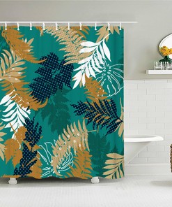 Blue Palm Fern Leaves Fabric Shower Curtain - Boho Tropical Home Bathroom Decor