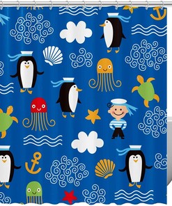 Blue Penguin Sailor Anchor Shower Curtain - Octopus Pattern Bathroom Accessory