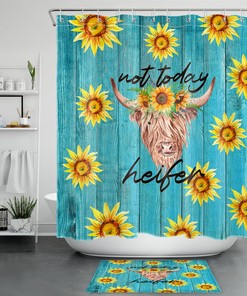 Blue Rustic Board Cow Sunflower Shower Curtain - Farmhouse Bathroom Decor with Rustic Plank Design