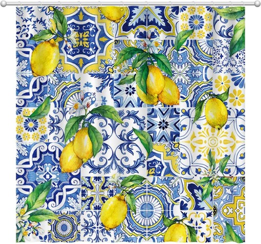 Blue Tiles Lemon Shower Curtain with Chic Summer Fruit Print - Home Bathroom Decoration