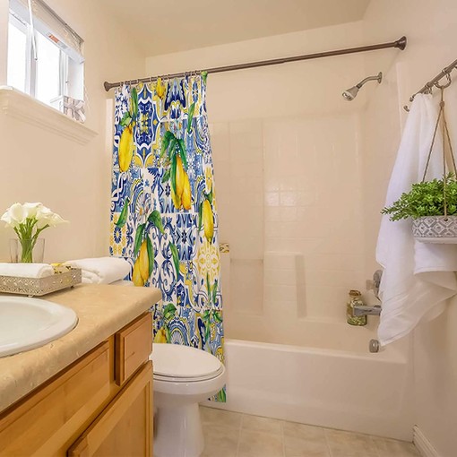 Blue Tiles Lemon Shower Curtain with Chic Summer Fruit Print - Home Bathroom Decoration - Image 2