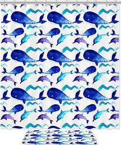 Blue Watercolor Dolphin Whale Shower Curtain with Waterproof Fabric | Bathroom Decor