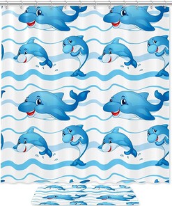 Blue Wave Background Cartoon Dolphins Shower Curtain - Waterproof Bathroom Curtains