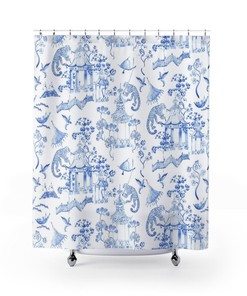 Blue White Toile de Jouy Monkey Jungle Shower Curtain for Boho Bathroom