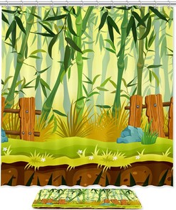 Blue and Green Tranquil Tree Asian Tropical Jungle Shower Curtain with Bamboo Forest Theme