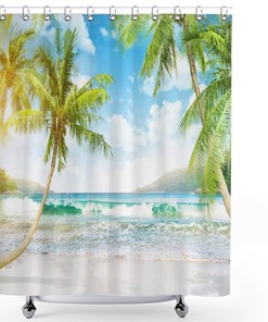 Blue and Green Tropical Beach Shower Curtain in Polyester Fabric for Bathroom Decor
