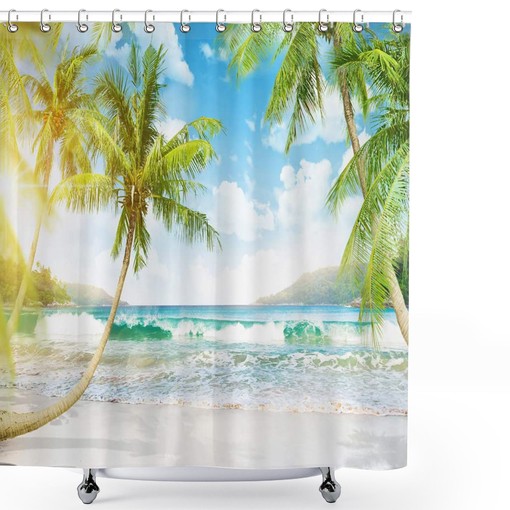 Blue and Green Tropical Beach Shower Curtain in Polyester Fabric for Bathroom Decor
