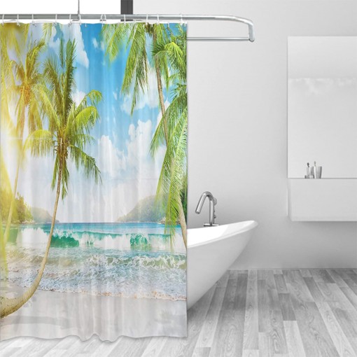 Blue and Green Tropical Beach Shower Curtain in Polyester Fabric for Bathroom Decor - Image 2