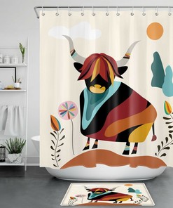 Bohemian Highland Cow Shower Curtain with Abstract Artwork