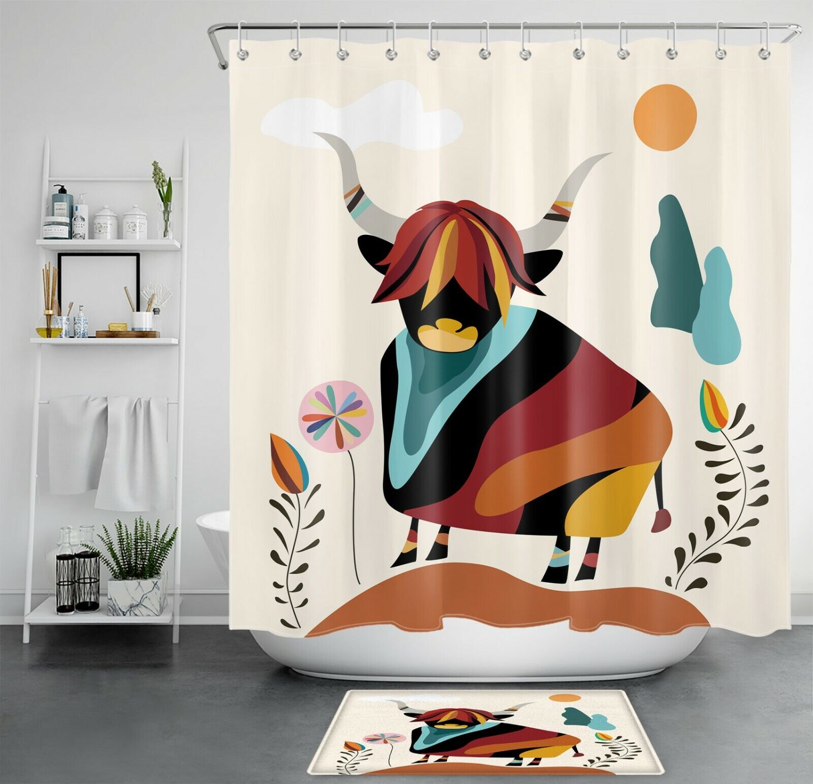 Bohemian Highland Cow Shower Curtain with Abstract Artwork