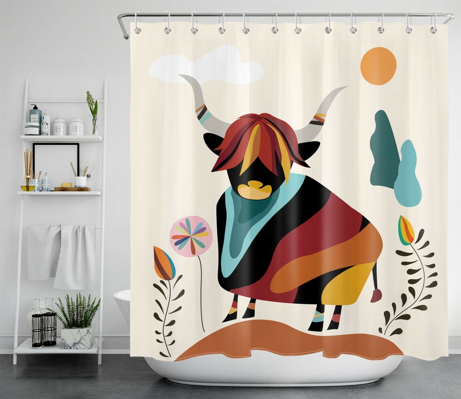 Bohemian Highland Cow Shower Curtain with Abstract Artwork - Image 2