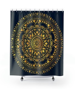 Bohemian Shower Curtain with Blue and Gold Patterns
