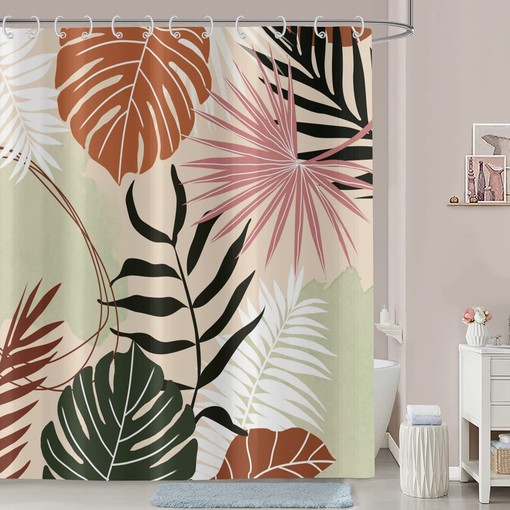 Boho Abstract Geometric Leaves Shower Curtain - Bathroom Decor - Image 2
