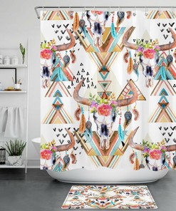 Boho Bull Skull Geometric Pattern Shower Curtain - A Perfect Bathroom Decor for Boho Lovers