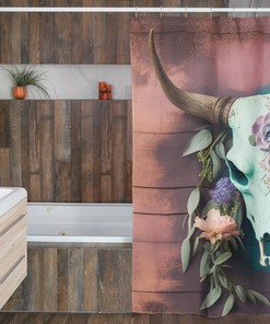 Boho Cow Skull Shower Curtain, Intricate Pink and Blue Design, Bathroom Refresh Gifts