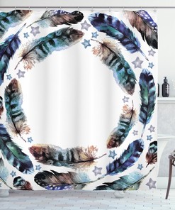 Boho Feather Print Shower Curtain Set for Concentric Bathroom Decor