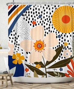 Boho Floral Shower Curtain, Green Leaves Sunset Bathroom Decor