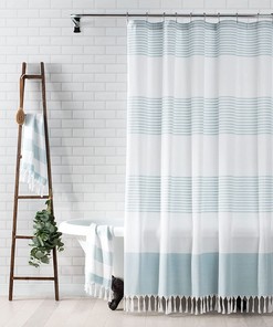 Boho Harper Stripe Knotted-Tassel Shower Curtain for Chic Bathroom Decor