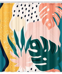 Boho Pink Green Abstract Leaves Fabric Shower Curtain for Feminine Bathroom Decor