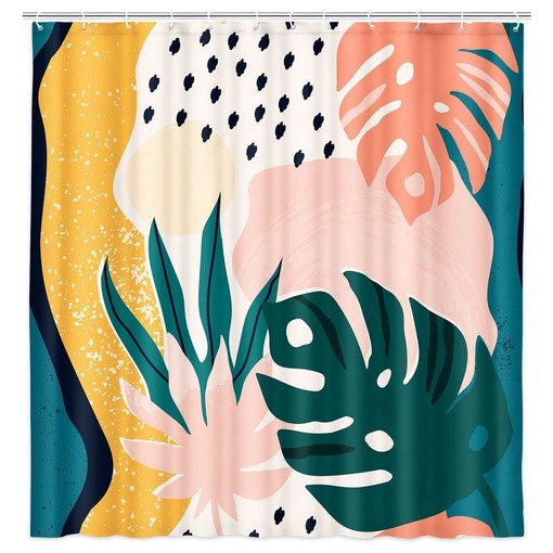 Boho Pink Green Abstract Leaves Fabric Shower Curtain for Feminine Bathroom Decor