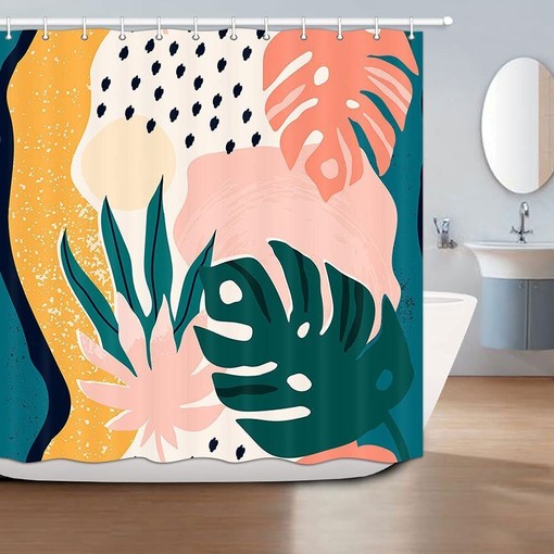 Boho Pink Green Abstract Leaves Fabric Shower Curtain for Feminine Bathroom Decor - Image 2