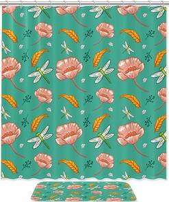 Botanical Flowers Leaves Dragonfly Printing Waterproof Fabric Bathroom Shower Curtain