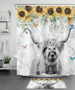 Botanical Sunflower Shower Curtain with Highland Cow Marble Design for Bathroom Decor