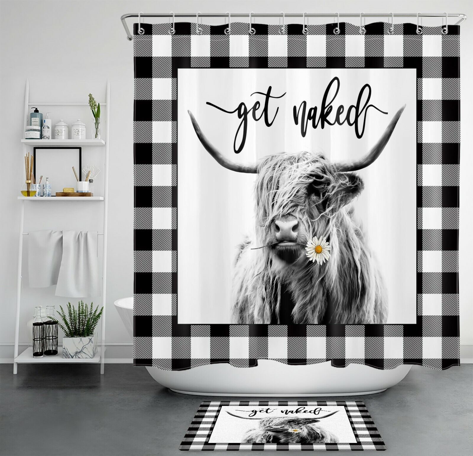 Buffalo Plaid Highland Cow Shower Curtain for a Cozy and Rustic Bathroom