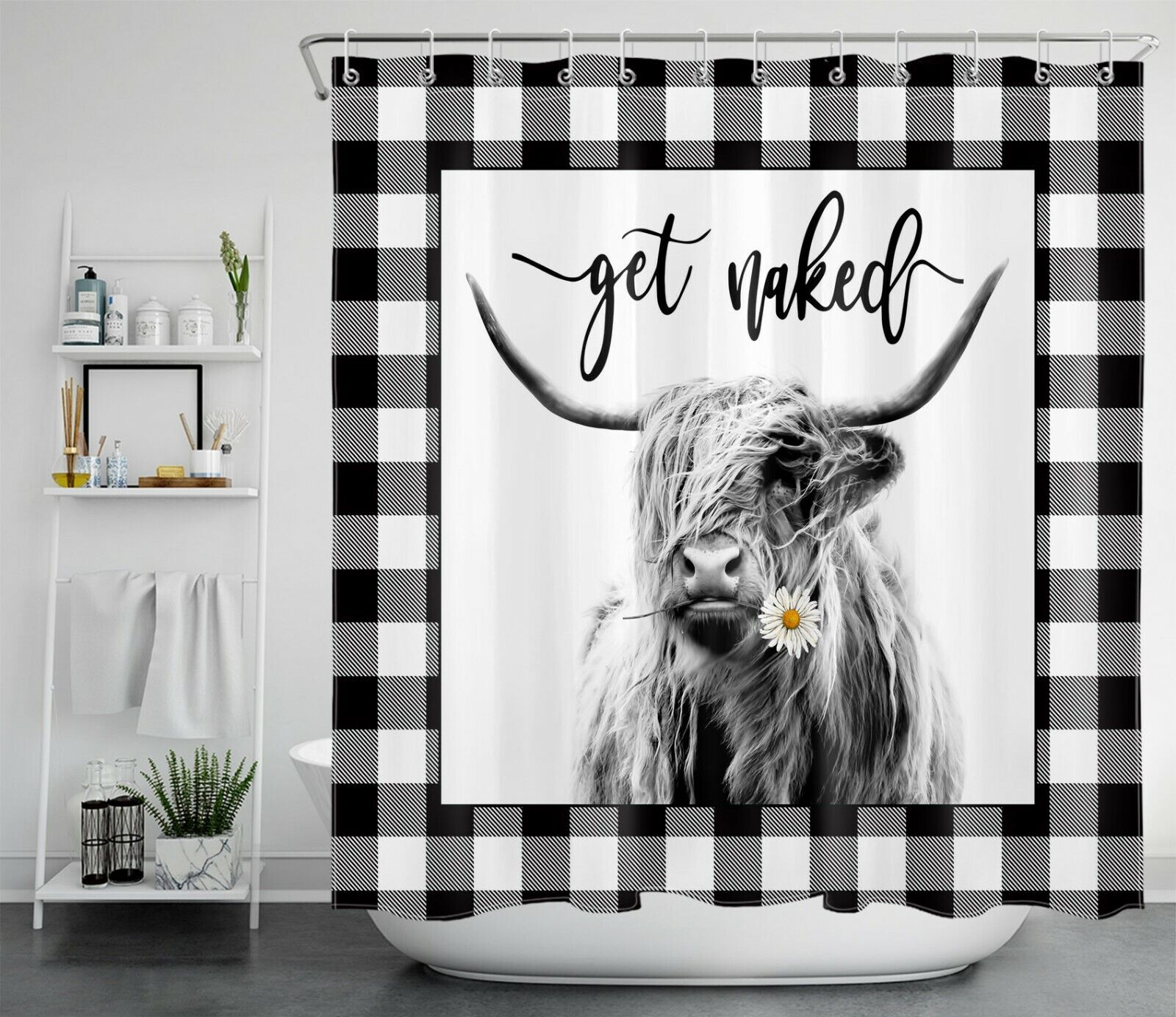 Buffalo Plaid Highland Cow Shower Curtain for a Cozy and Rustic Bathroom - Image 2