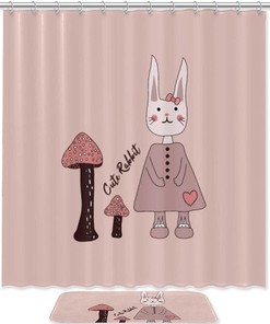 Bunny Mushroom Pink Printing Waterproof Fabric Bathroom Shower Curtain