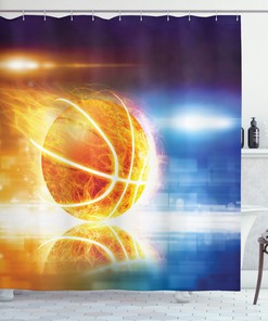 Burning Basketball Art Print Abstract Shower Curtain for Sporty Bathroom Decor