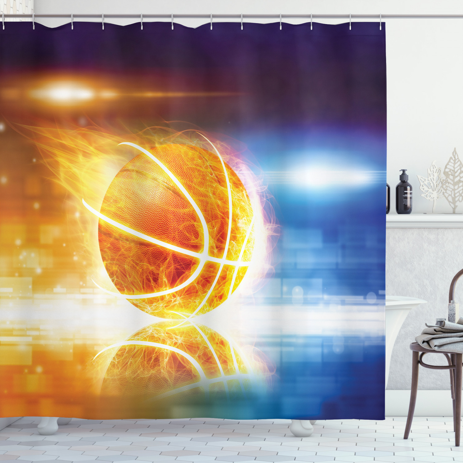 Burning Basketball Art Print Abstract Shower Curtain for Sporty Bathroom Decor - Image 3