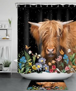 Butterfly Flower Starry Sky Shower Curtain, Highland Cow Bathroom Decor