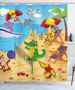 Cartoon Animal Shower Curtain, Exotic Summer Illustration with Monkeys and Dolphins- Bathroom Decor