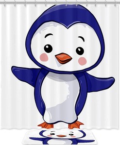 Cartoon Blue Penguin Waterproof Bathroom Shower Curtain - Fun and Adorable Bathroom Decor