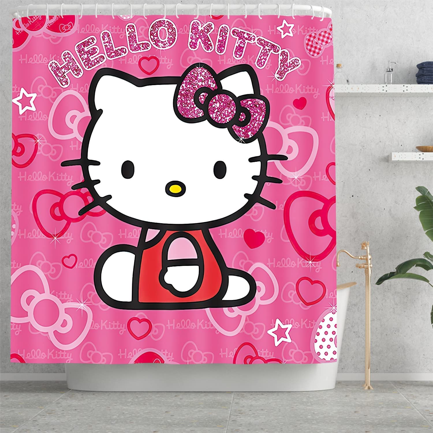 Cartoon Cat Theme Shower Curtain for Kid Girl Bathroom Decor, Pink Cartoon Cat Shower Curtain Pongee