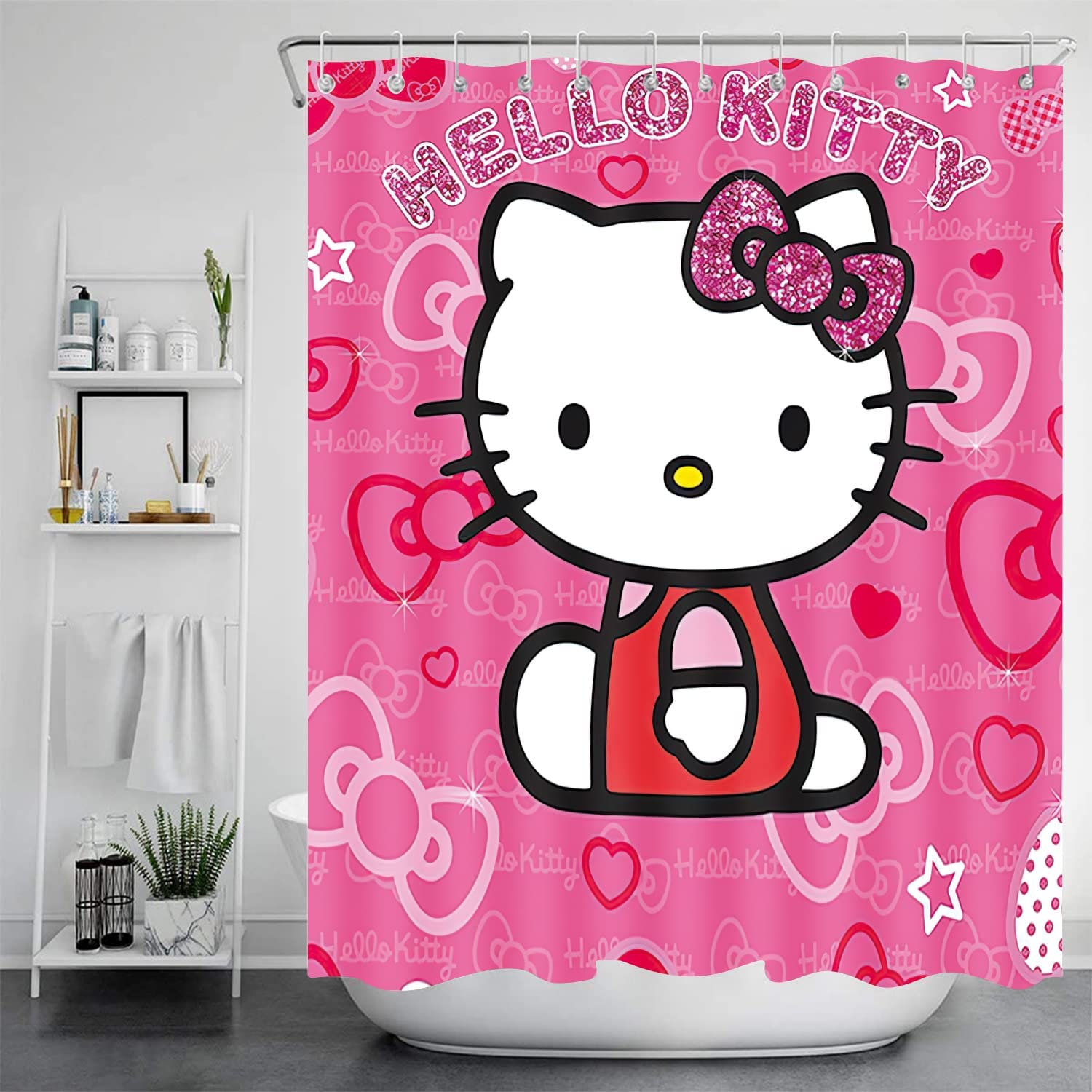 Cartoon Cat Theme Shower Curtain for Kid Girl Bathroom Decor, Pink Cartoon Cat Shower Curtain Pongee - Image 2