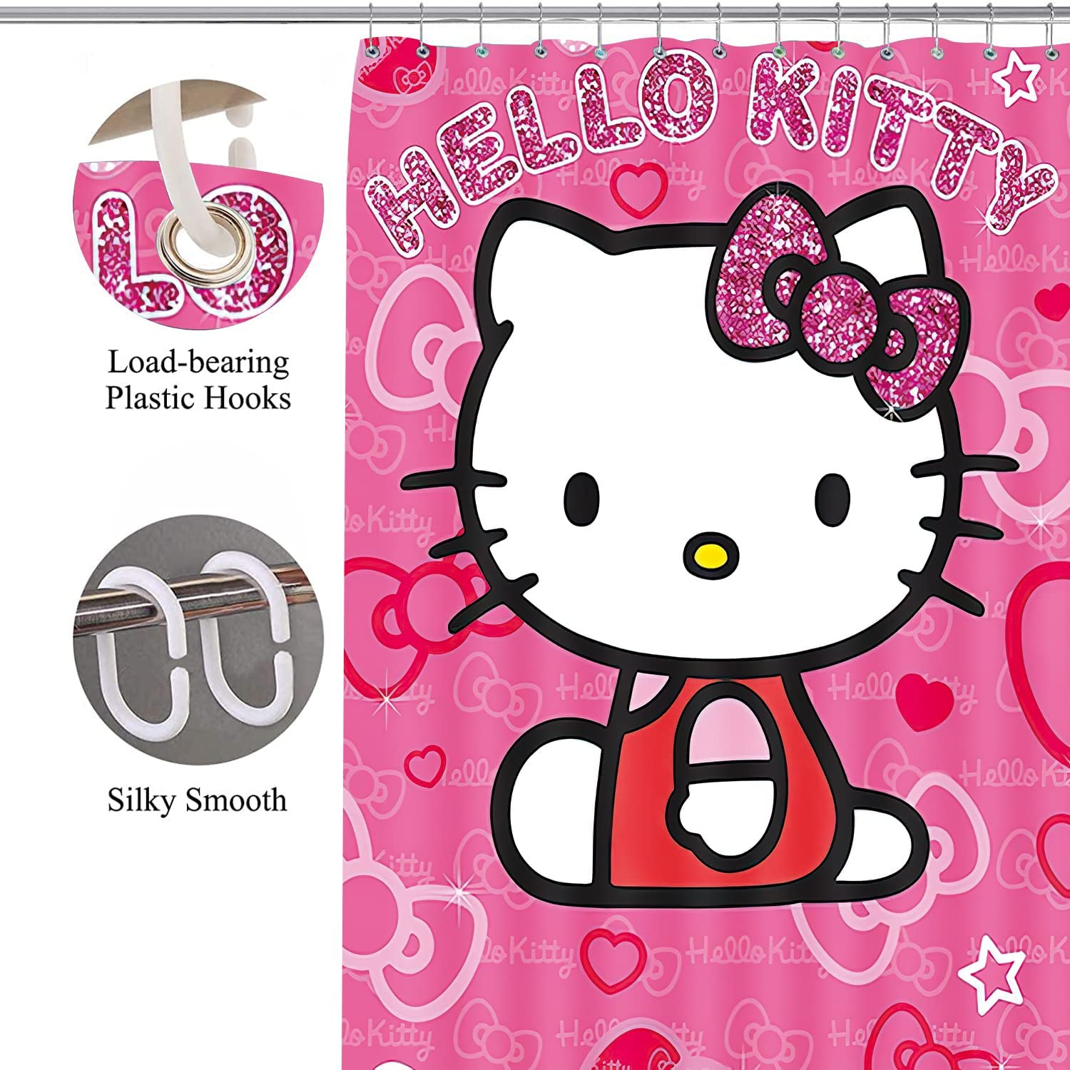 Cartoon Cat Theme Shower Curtain for Kid Girl Bathroom Decor, Pink Cartoon Cat Shower Curtain Pongee - Image 4